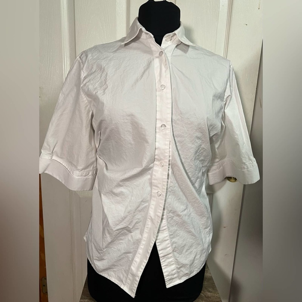 Protagonist White Wide Sleeve Ruched Back Button Down Short Sleeve Shirt 8